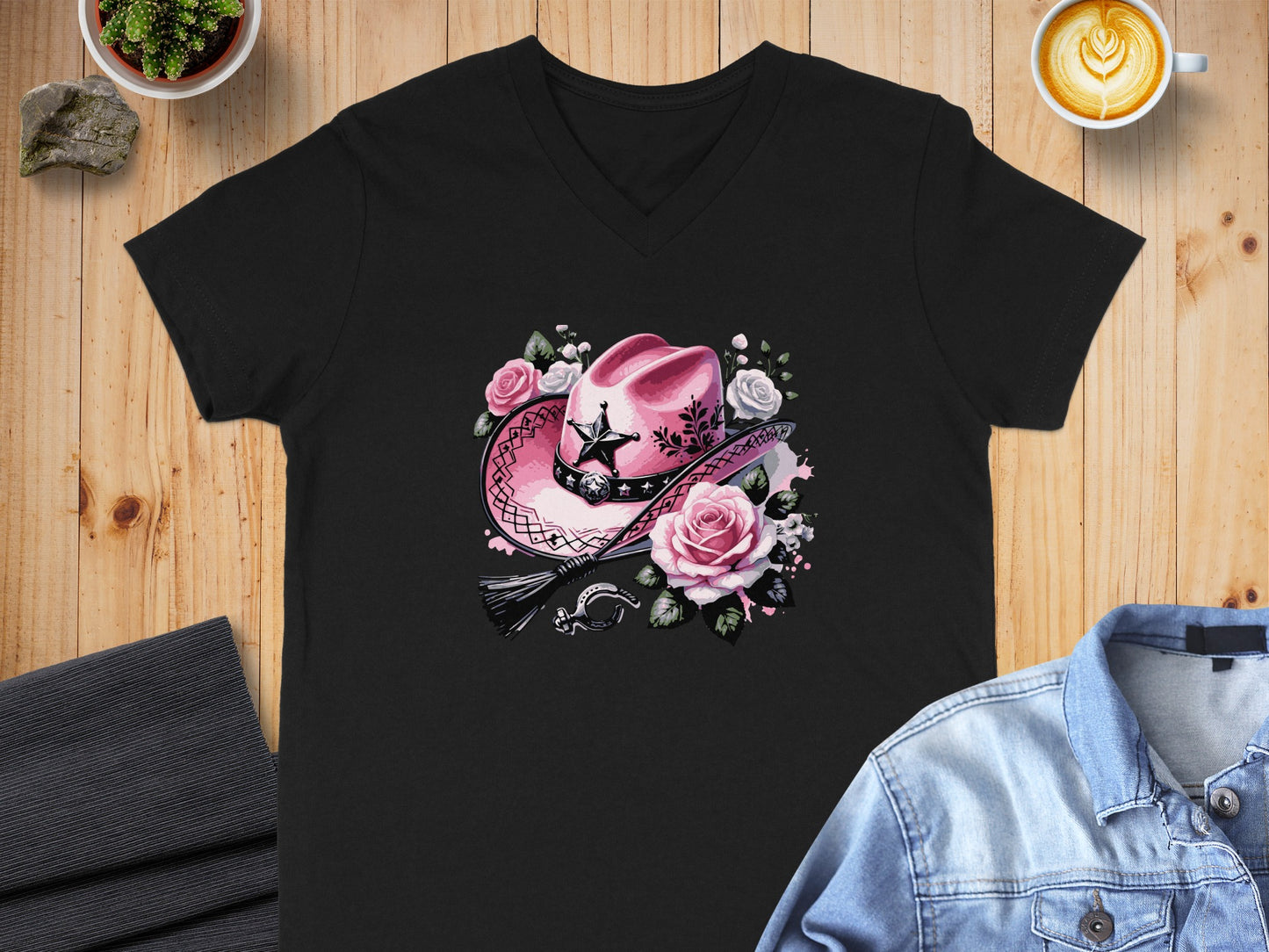 Pink Hat Roses Artwork on Black T-Shirt product