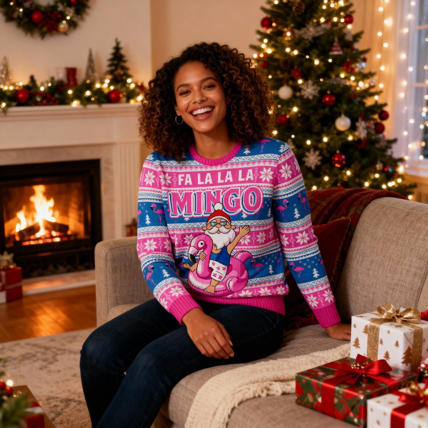 ugly Christmas sweater category art. featuring a woman sitting at fireplace. 