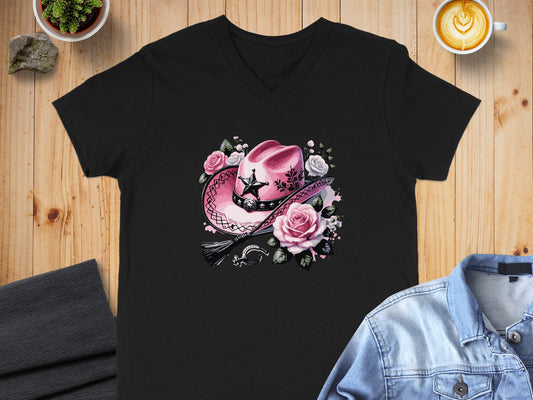 Pink Hat Roses Artwork on Black T-Shirt product